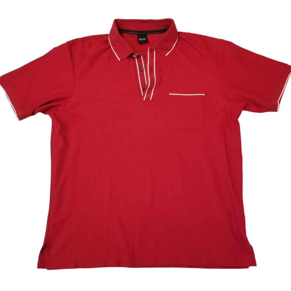 Vintage Boss Hugo Boss Golf Red Polo T-shirt Cotton Large Men Shirt White Accent